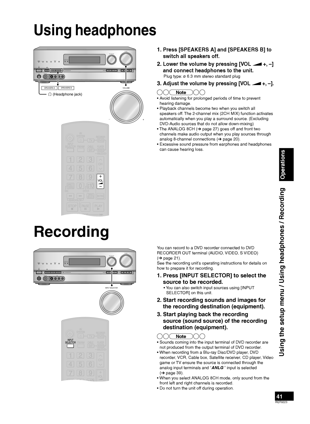 Panasonic RQT9223-Y, H0608VC0 warranty Using headphones, Recording, Operations 
