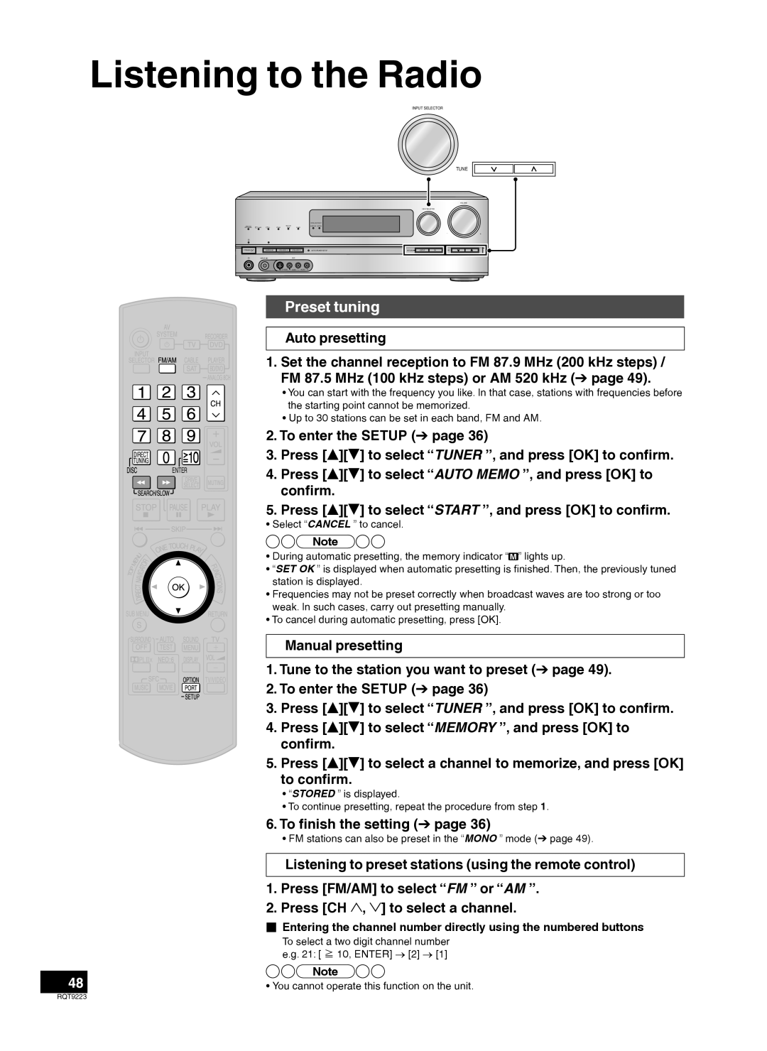 Panasonic RQT9223-Y, H0608VC0 warranty Listening to the Radio, Preset tuning 