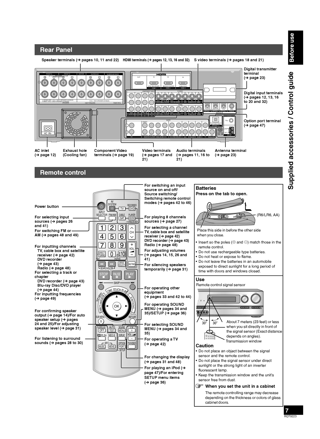 Panasonic H0608VC0, RQT9223-Y warranty Supplied, Rear Panel, accessories / Control guide, Remote control 