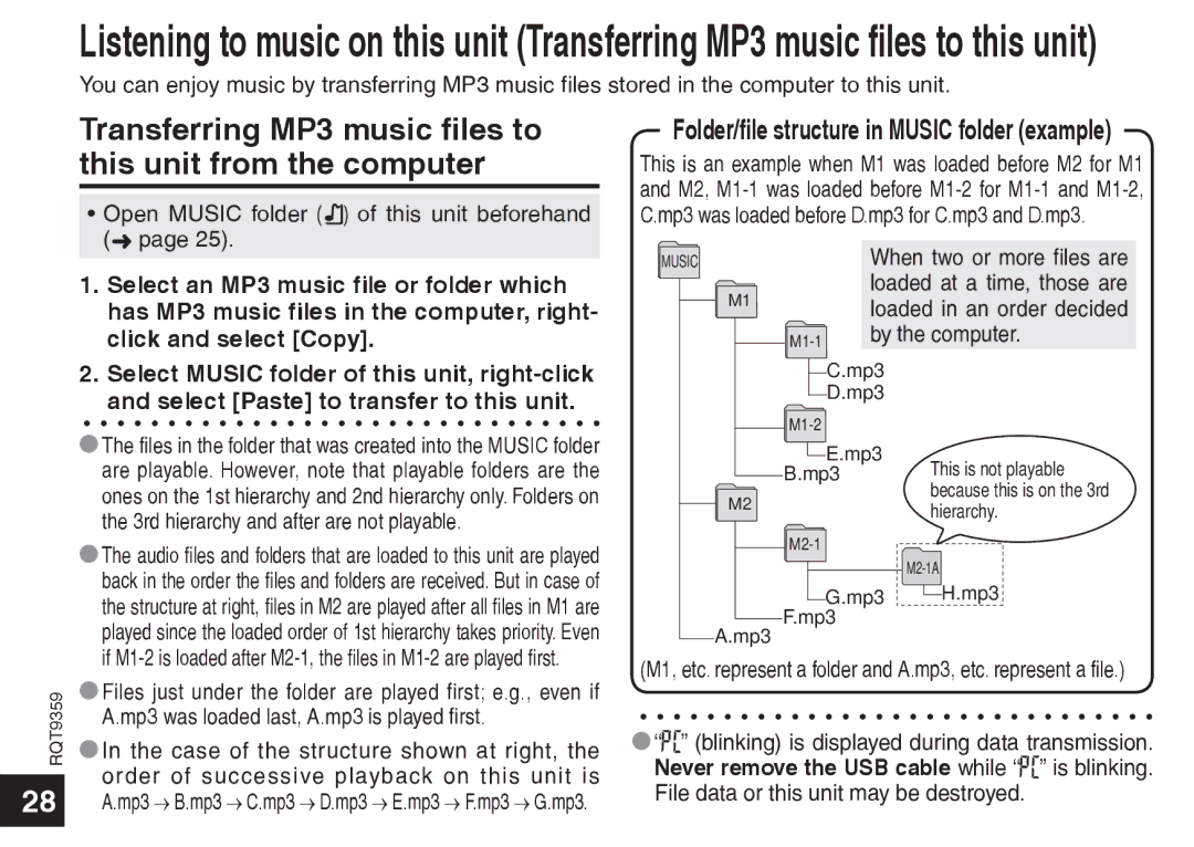 Panasonic RQT9359-P, RR-US590 warranty Transferring MP3 music files to this unit from the computer 