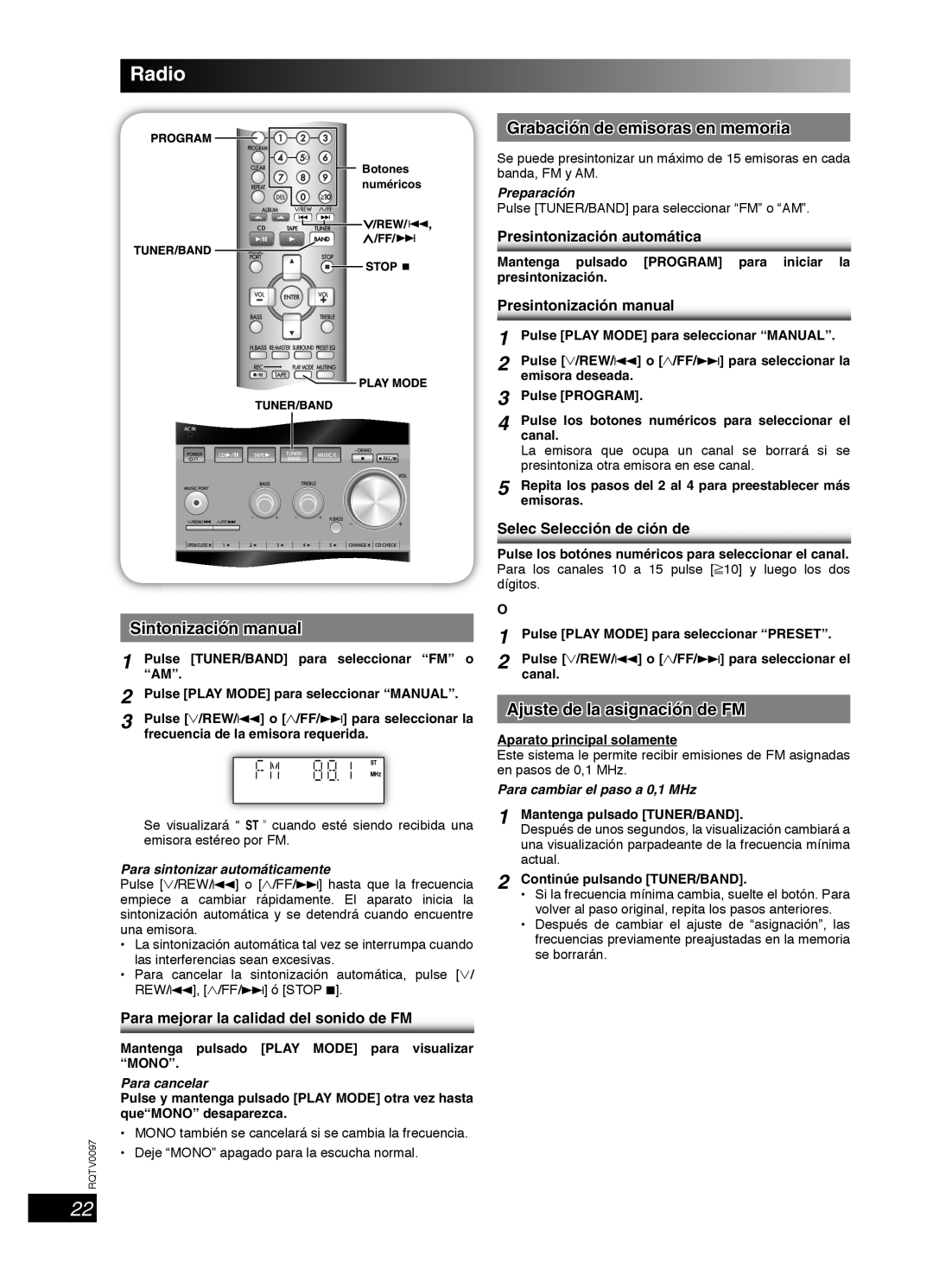 Panasonic SCPM533, RQTV0097-2P Sintonización manual, Grabación de emisoras en memoria, Ajuste de la asignación de FM 