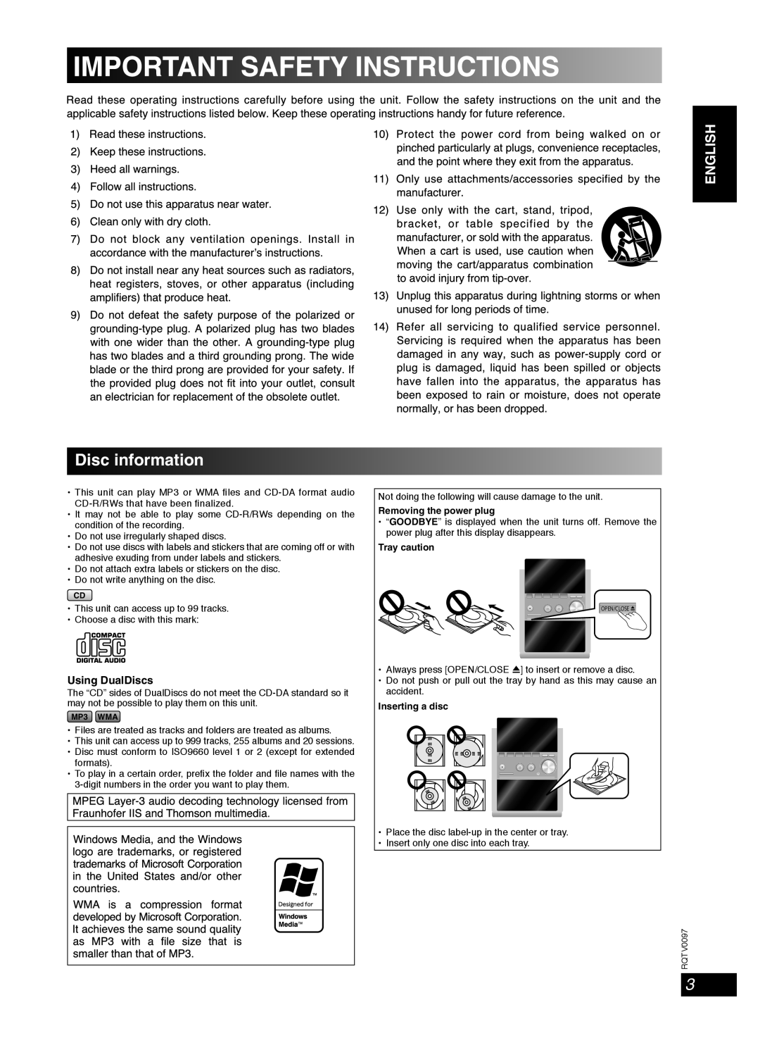 Panasonic RQTV0097-2P, SCPM533 Disc information, Using DualDiscs, Removing the power plug, Tray caution, Inserting a disc 