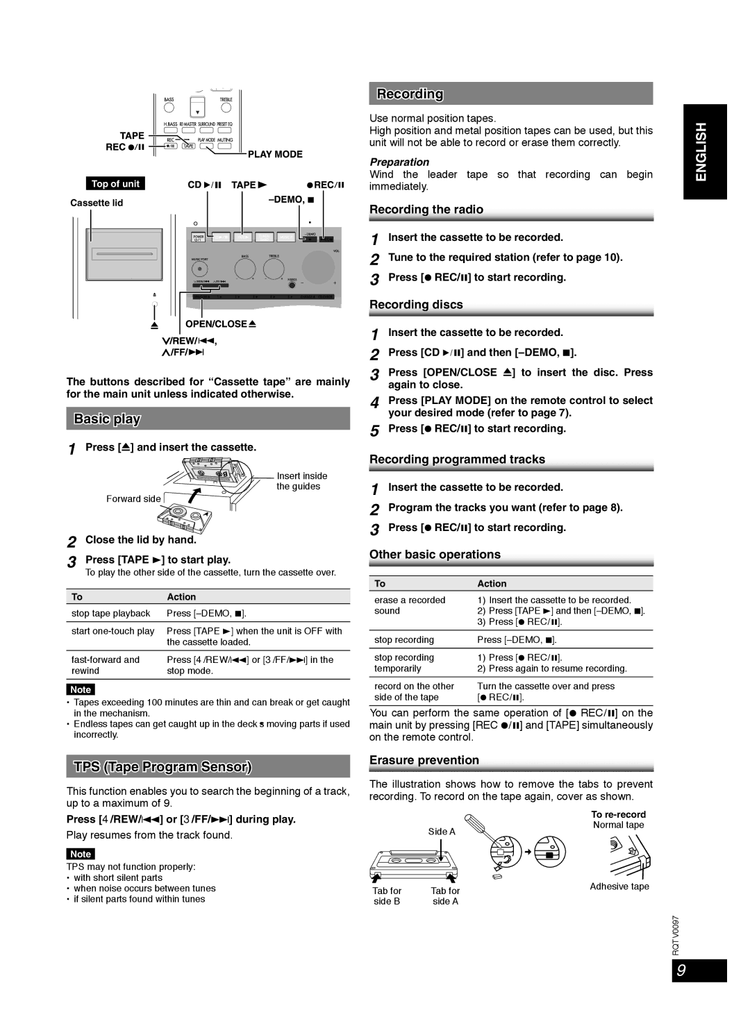 Panasonic RQTV0097-2P, SCPM533, SC-PM53 important safety instructions Cassette tape, Recording, TPS Tape Program Sensor 