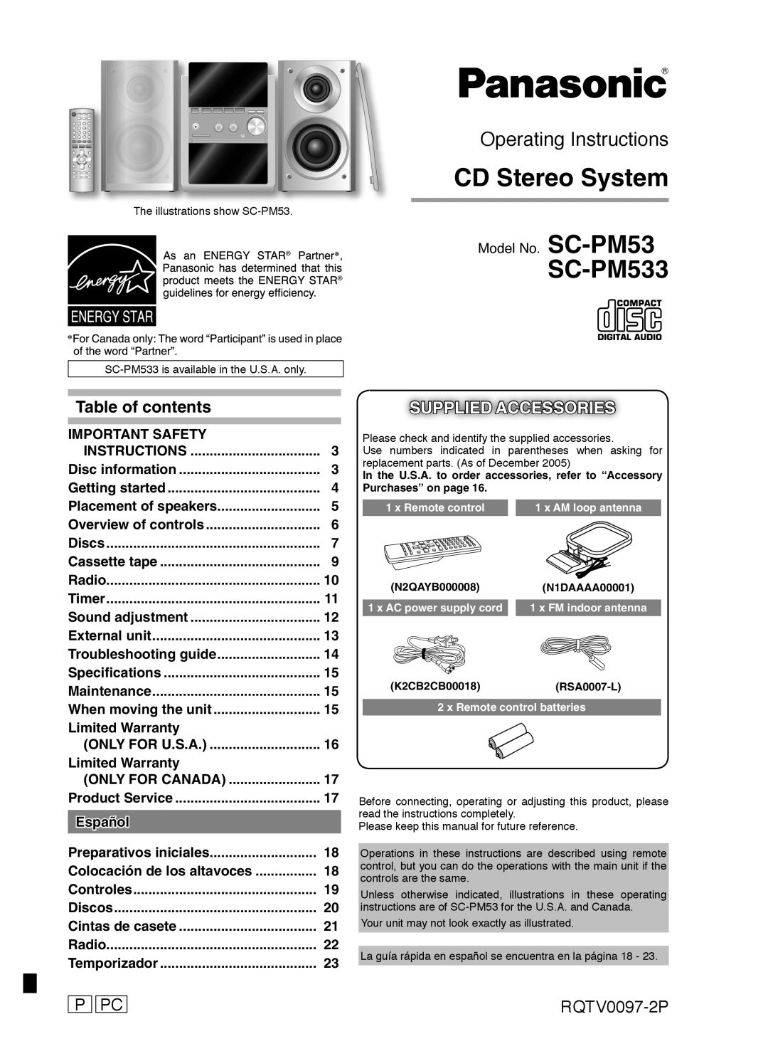 Panasonic SCPM533 important safety instructions Table of contents, Supplied Accessories, P Pc, RQTV0097-2P, Español 