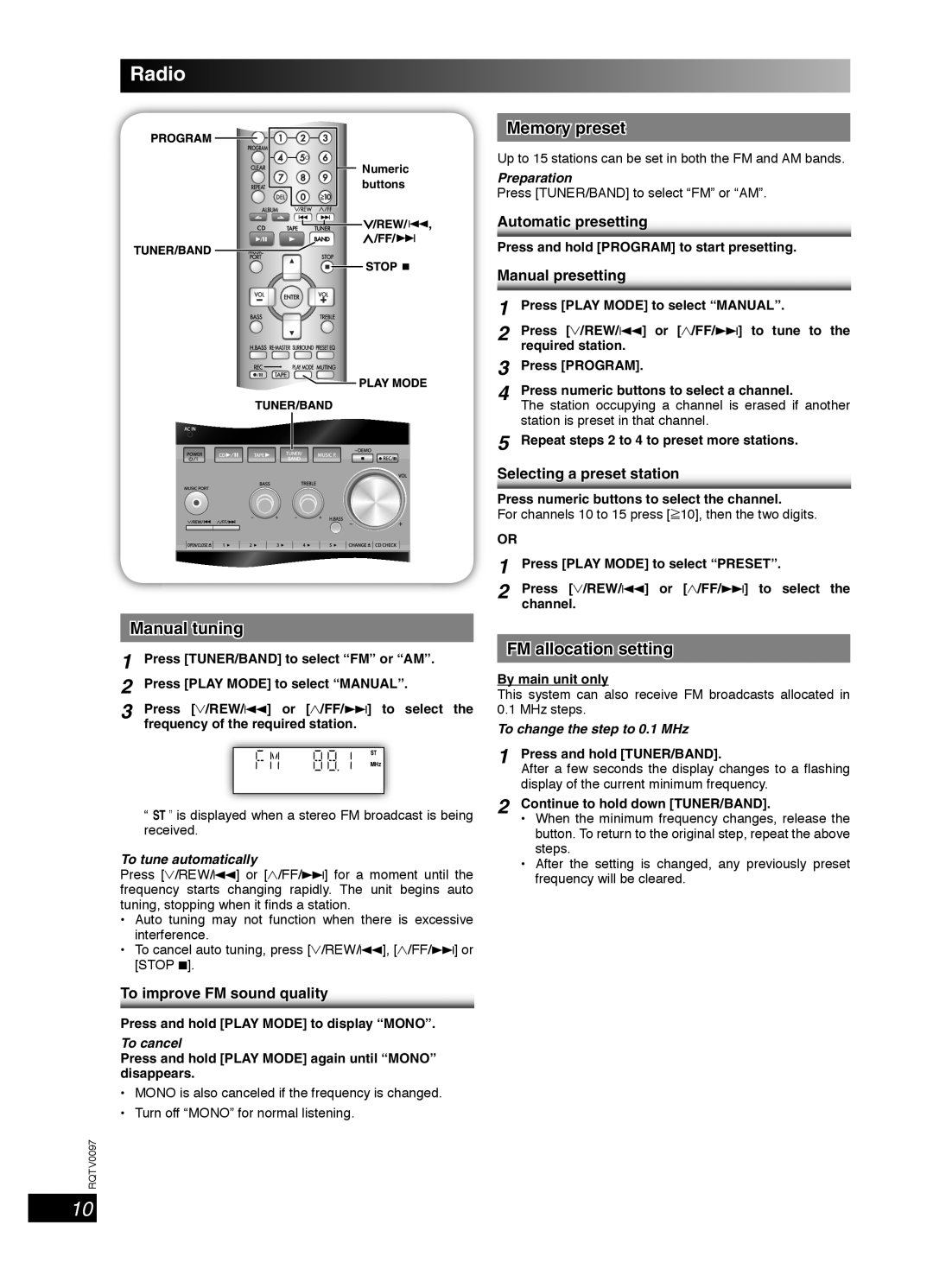 Panasonic SCPM533, RQTV0097-2P, SC-PM53 Radio, Manual tuning, Memory preset, FM allocation setting 