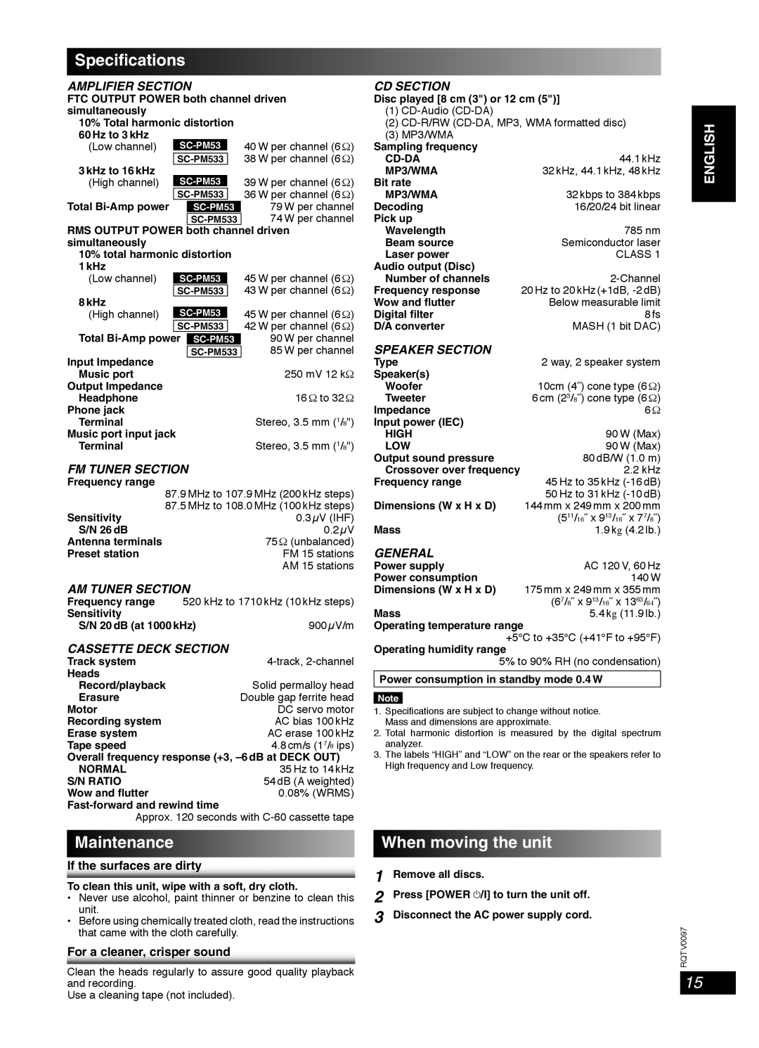 Panasonic RQTV0097-2P Speciﬁcations, Maintenance, When moving the unit, Amplifier Section, Cd Section, Am Tuner Section 