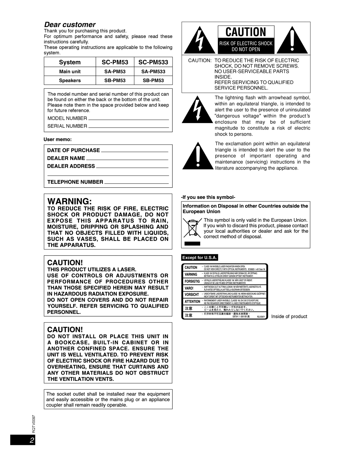 Panasonic RQTV0097-2P, SCPM533 important safety instructions System, SC-PM533 