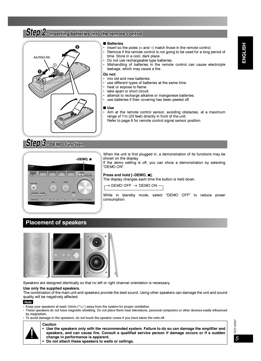 Panasonic SC-PM53, RQTV0097-2P, SCPM533 important safety instructions Placement of speakers, DEMO function, English 