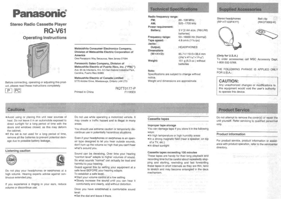 Panasonic RQV61 manual 