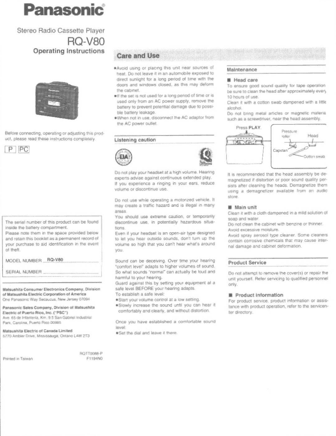 Panasonic RQV80 manual 