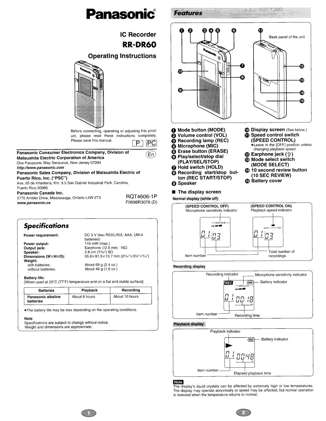 Panasonic RR-DR60 manual 