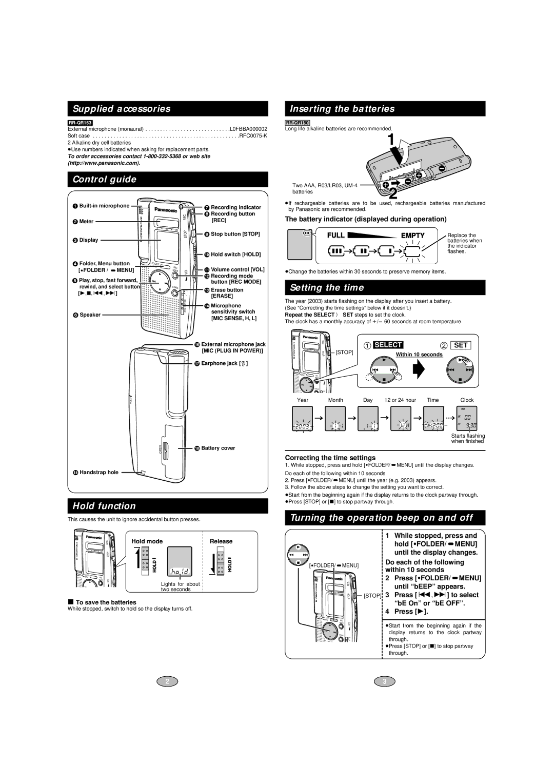 Panasonic RR-QR153, RR-QR150 Supplied accessories, Control guide Inserting the batteries, Setting the time, Hold function 