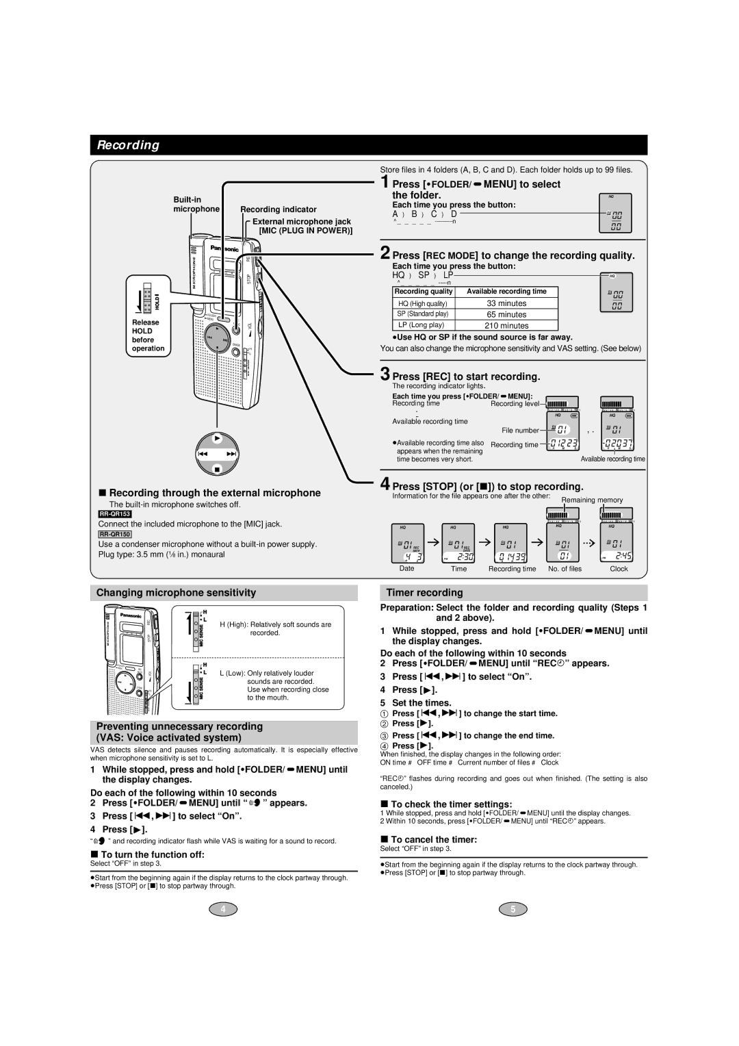 Panasonic RR-QR150, RR-QR153 specifications Recording 