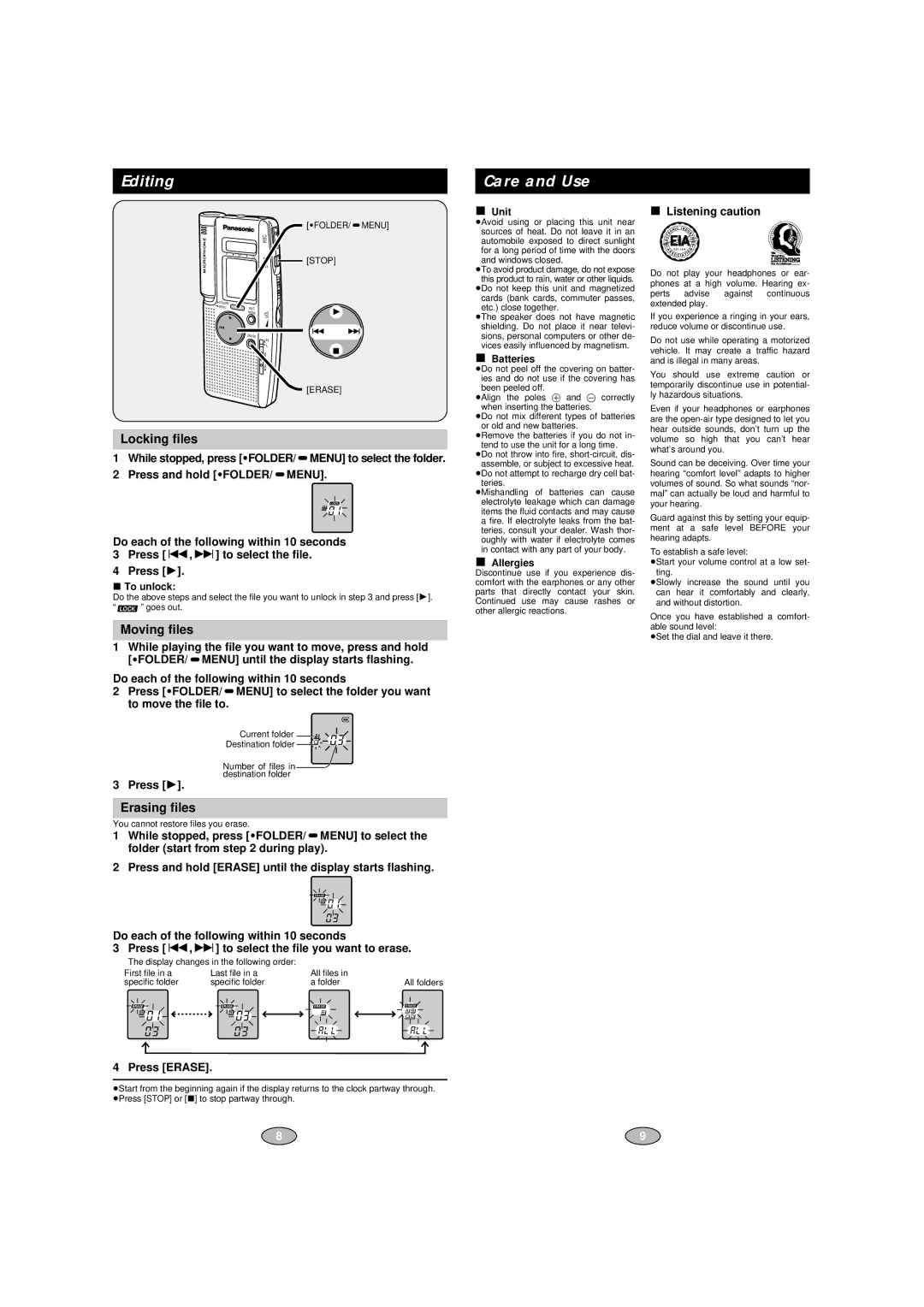 Panasonic RR-QR150, RR-QR153 specifications Editing, Care and Use, Locking ﬁles, Moving ﬁles, Erasing ﬁles 