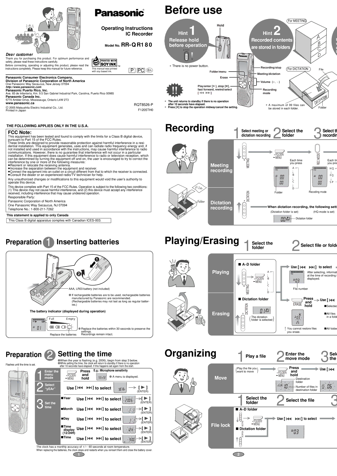 Panasonic RR-QR180 operating instructions Organizing 