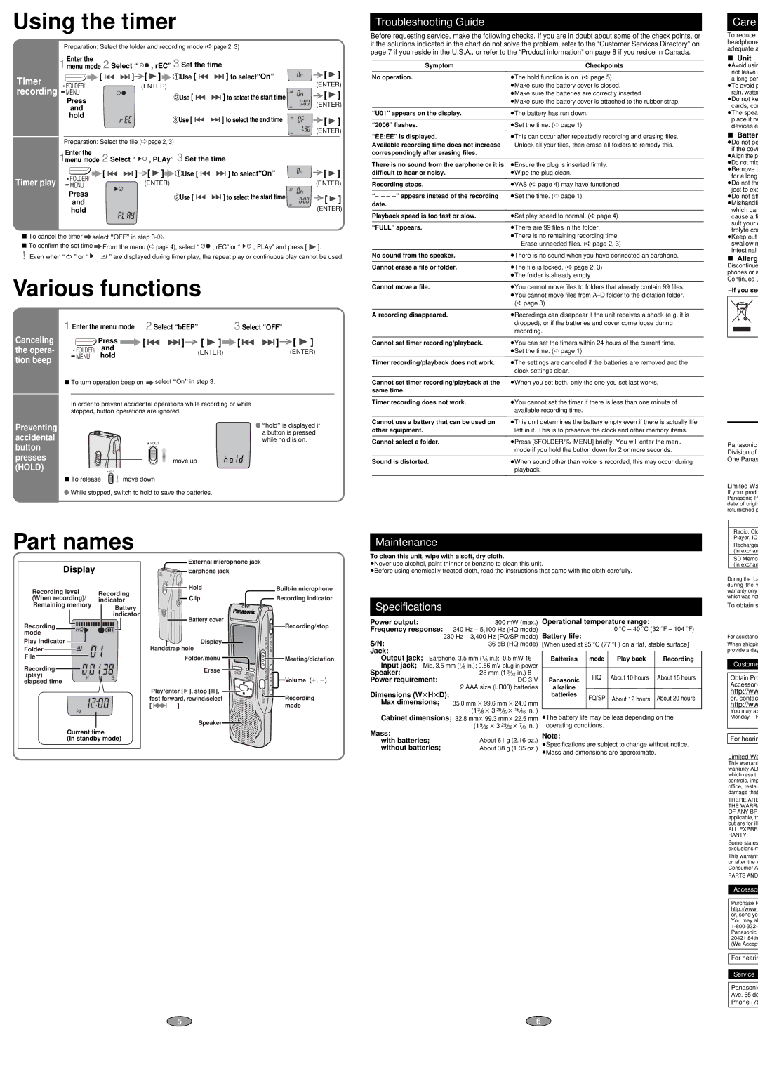 Panasonic RR-QR180 operating instructions Using the timer, Various functions, Part names 