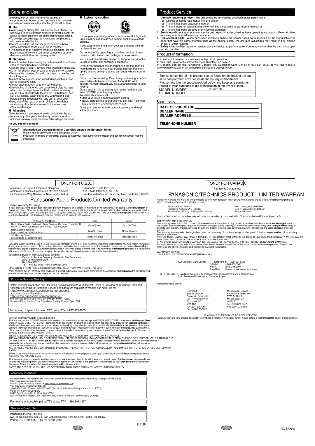 Panasonic RR-QR180 operating instructions Care and Use, Product Service, Batteries, Allergies, Listening caution 