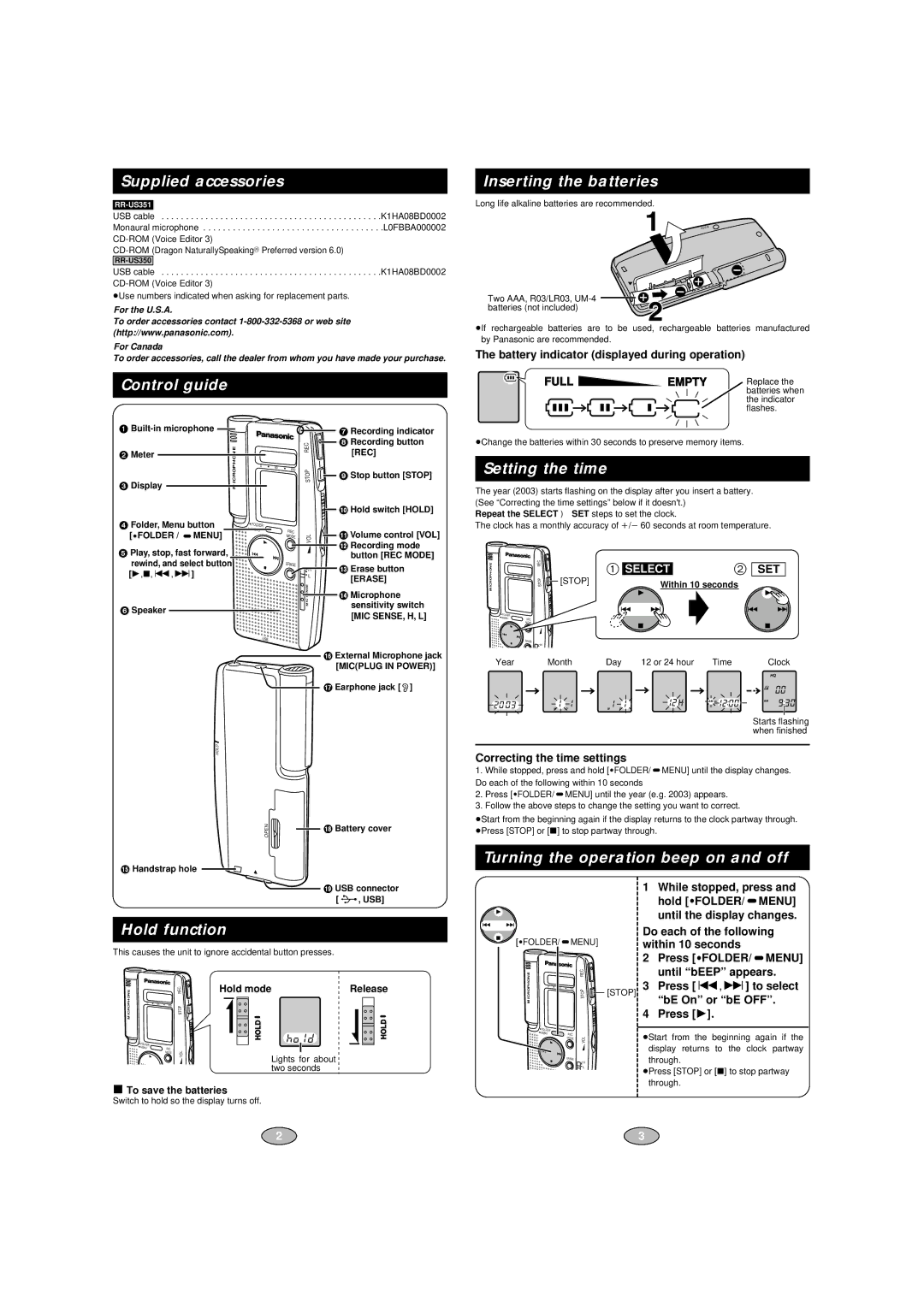 Panasonic RR-US350, RR-US351 Supplied accessories, Control guide Inserting the batteries, Setting the time, Hold function 