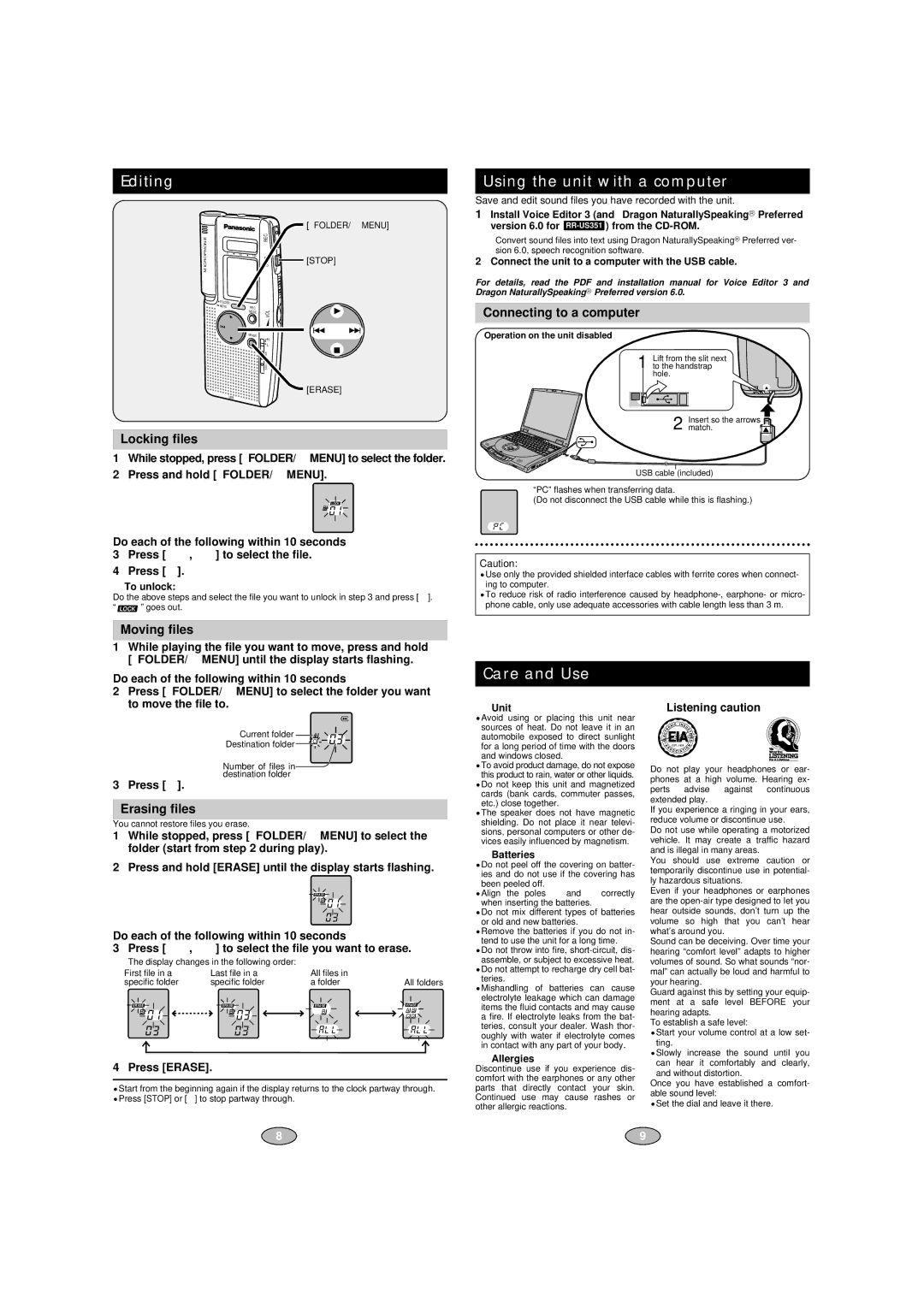 Panasonic RR-US351, RR-US350 specifications Editing, Using the unit with a computer, Care and Use 