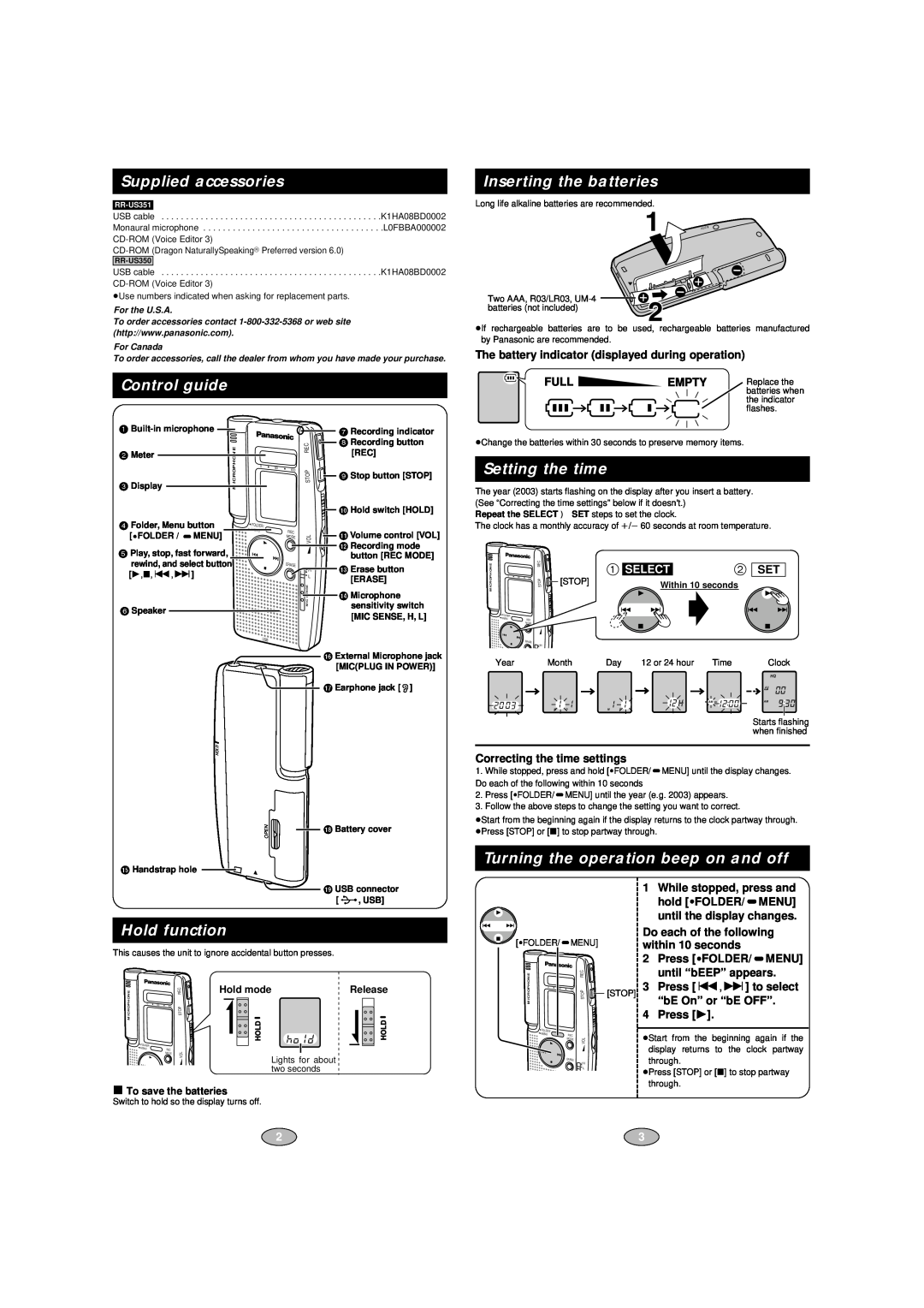 Panasonic RR-US350 Supplied accessories, Control guide, Inserting the batteries, Setting the time, Hold function, Select 