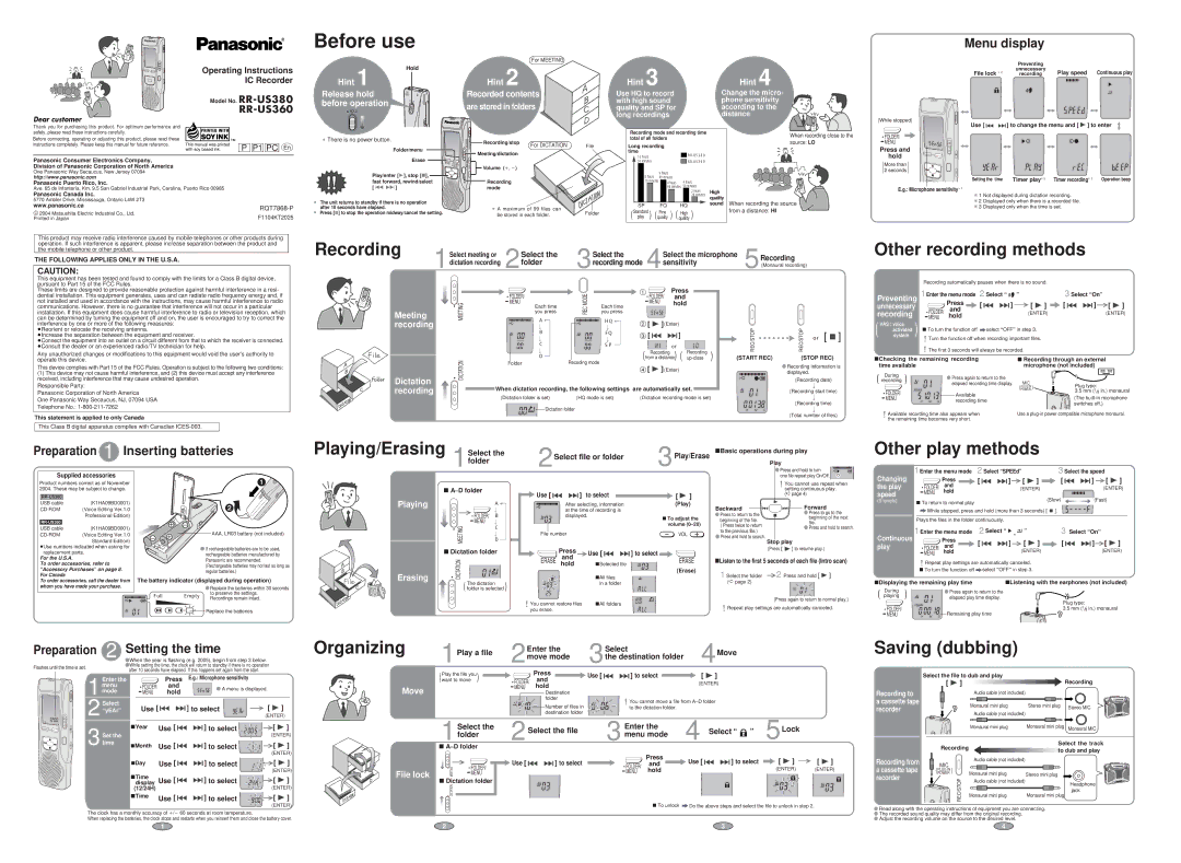 Panasonic RR-US360 operating instructions Model No. RR-US380, Hold, Panasonic Puerto Rico, Inc, Panasonic Canada Inc, Play 