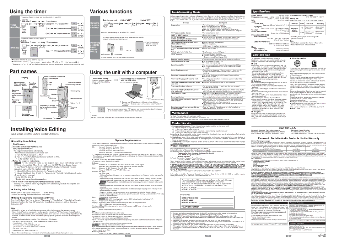 Panasonic RR-US380 Enter REC 3 Set the time, Enter the menu mode 2 Select bEEP, Power output300 mW max, Battery life, Mass 