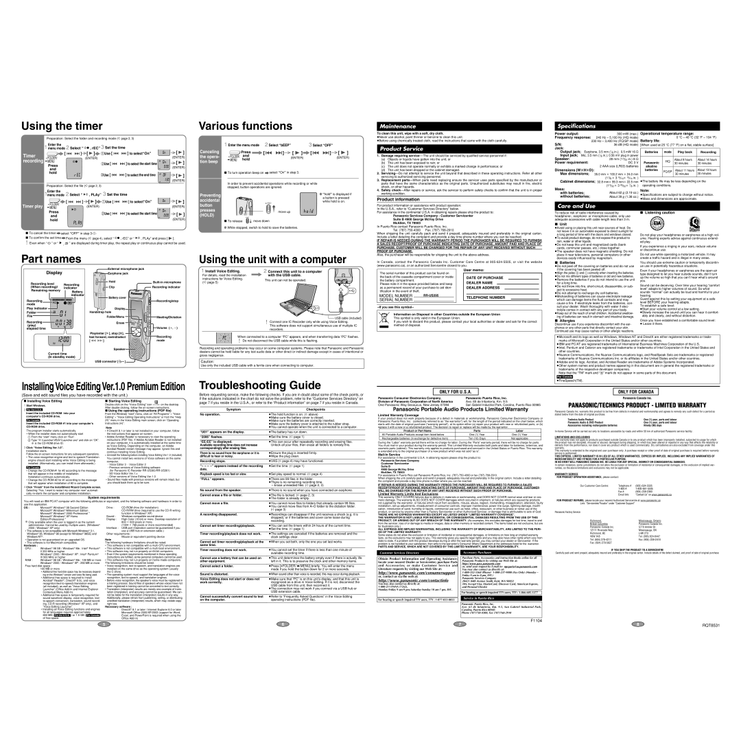 Panasonic RR-US395 Power output, Jack, Speaker, Power requirement, Dimensions WtHtD, Max dimensions, Mass, With batteries 