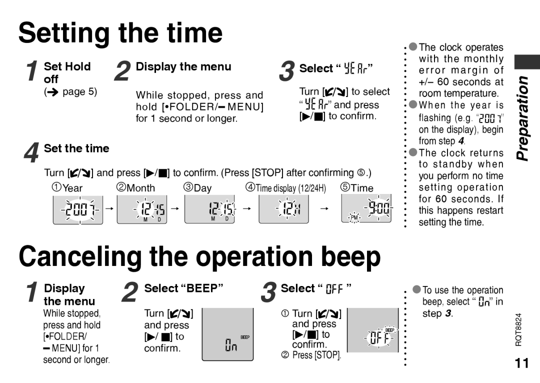 Panasonic RR-US430 manual Setting the time, Canceling the operation beep 