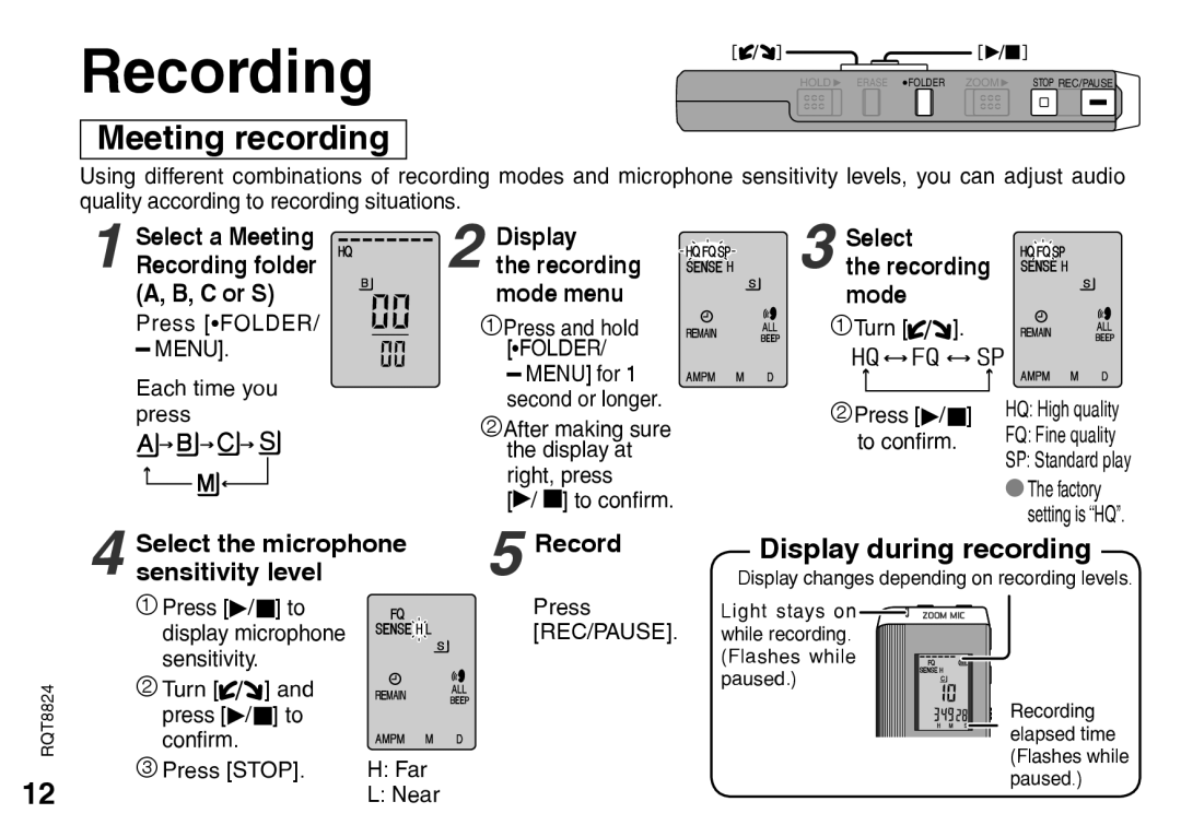 Panasonic RR-US430 manual Display during recording, Select the microphone Record Sensitivity level, Menu Folder, Rec/Pause 