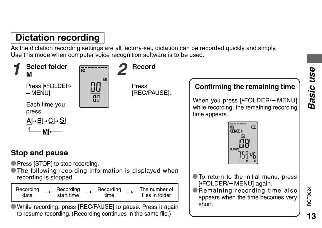 Panasonic RR-US430 manual Stop and pause, MSelect folder Record, Confirming the remaining time, Menu REC/PAUSE 