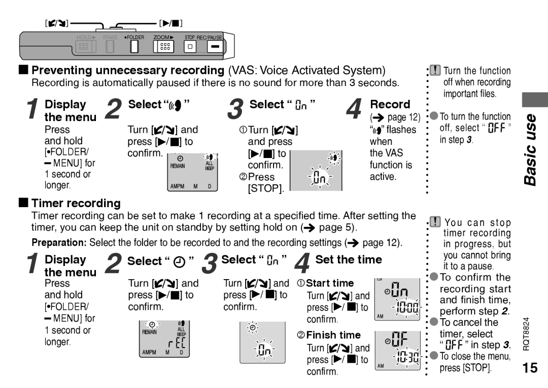 Panasonic RR-US430 manual Preventing unnecessary recording VAS Voice Activated System, Display Select Record Menu 