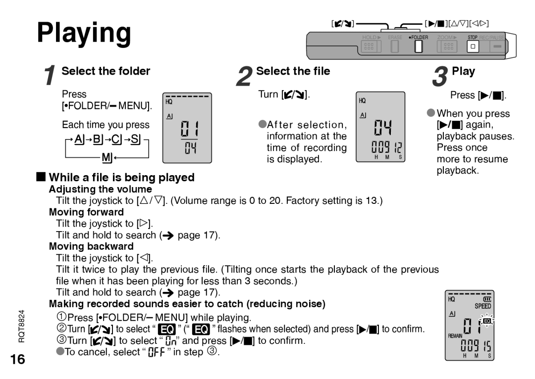 Panasonic RR-US430 manual Playing, Select the folder, While a file is being played 