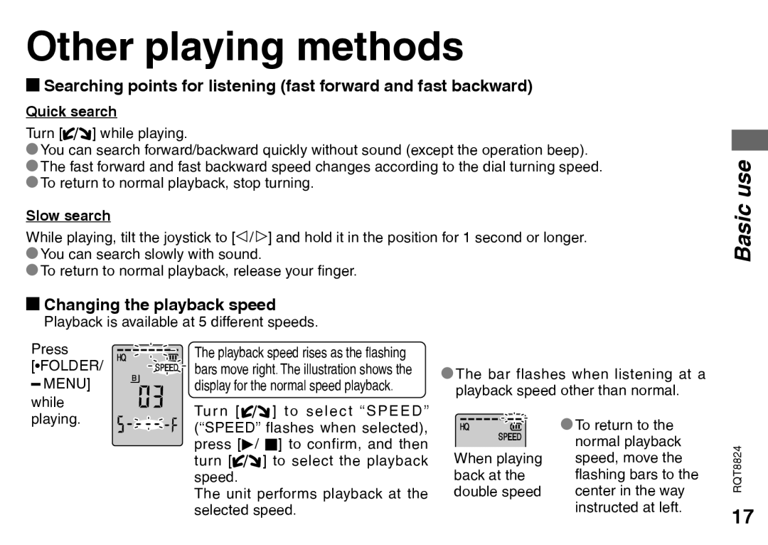 Panasonic RR-US430 manual Other playing methods, Changing the playback speed, Quick search, Slow search 