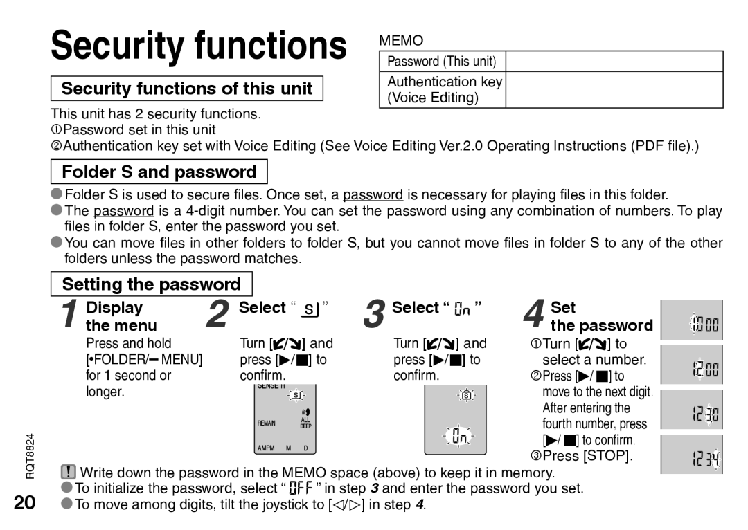 Panasonic RR-US430 Security functions of this unit, Folder S and password, Setting the password, TheDisplaymenu Select 