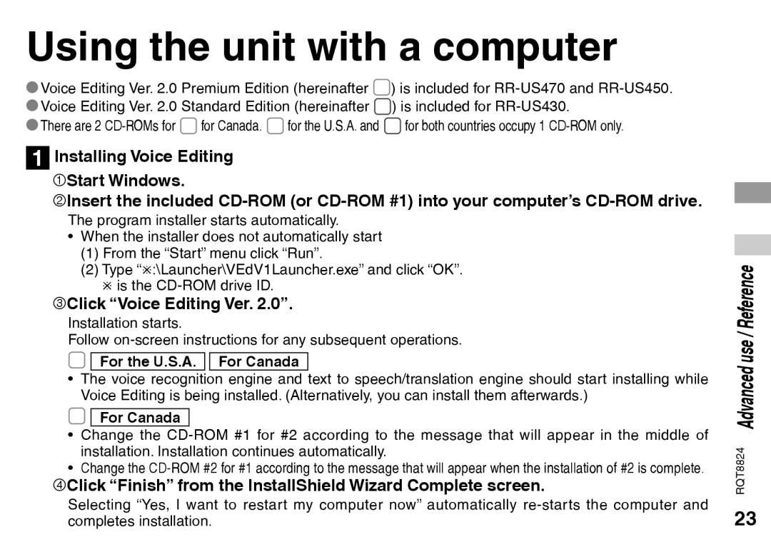 Panasonic RR-US430 manual Using the unit with a computer, 3Click Voice Editing Ver, For the U.S.A. For Canada 