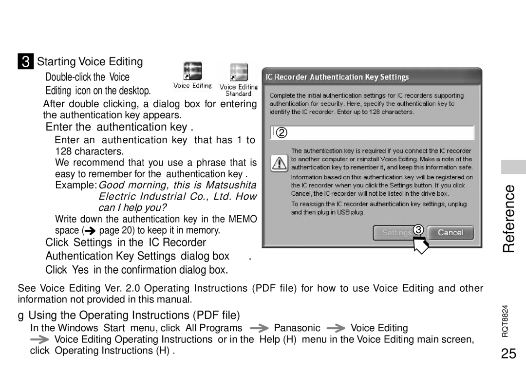 Panasonic RR-US430 Editing icon on the desktop, 2Enter the authentication key, 4Click Yes in the confirmation dialog box 