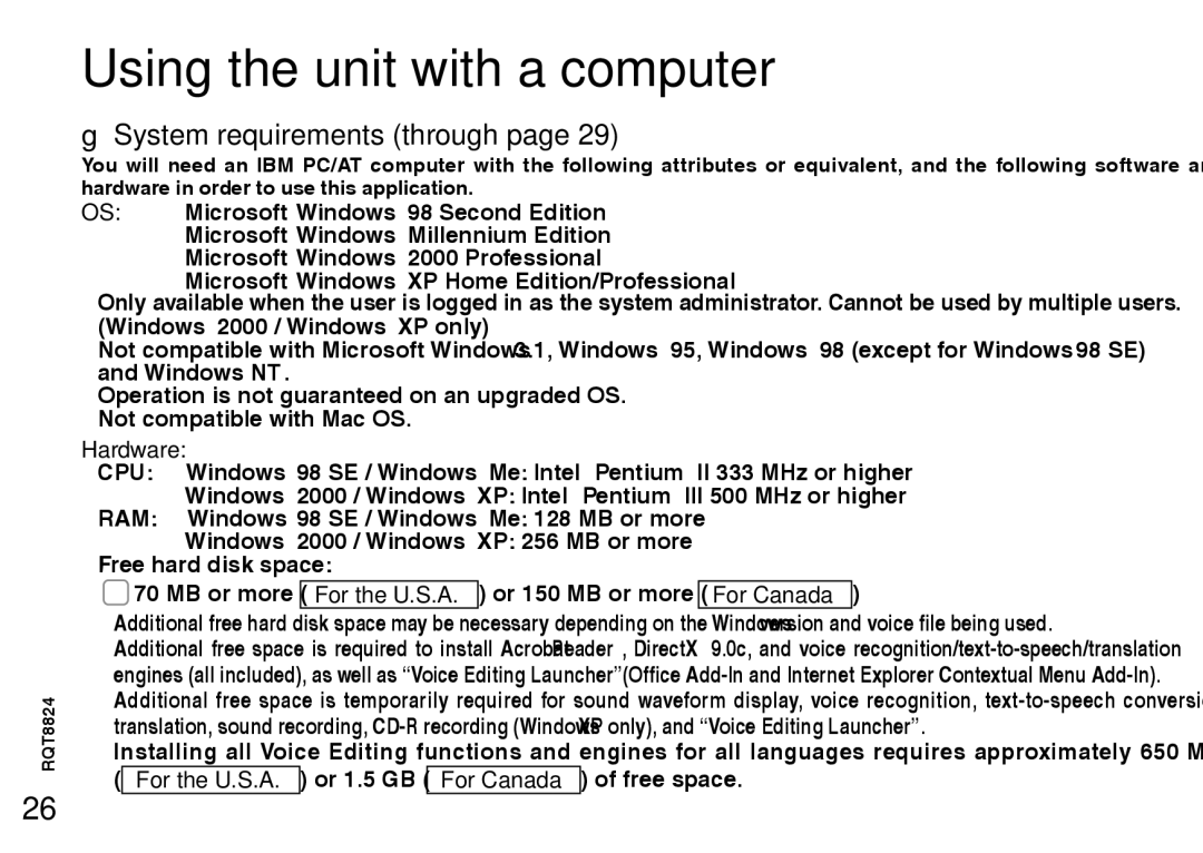 Panasonic RR-US430 manual System requirements through, Hardware 