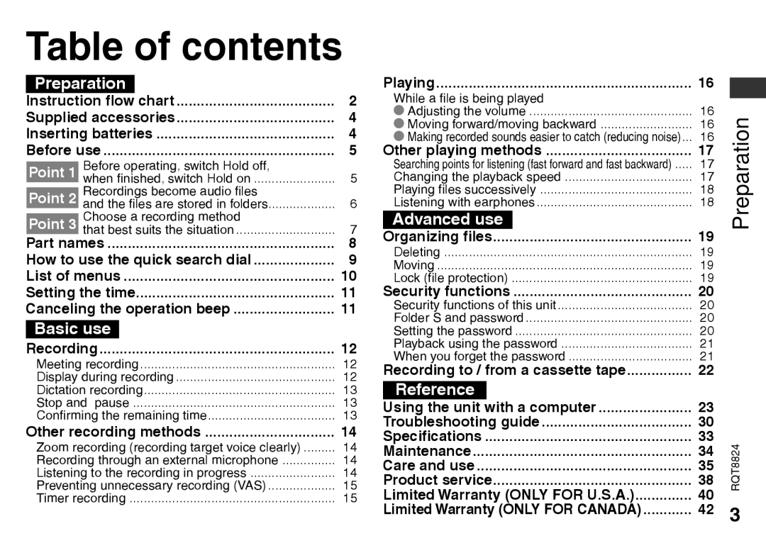 Panasonic RR-US430 manual Table of contents 