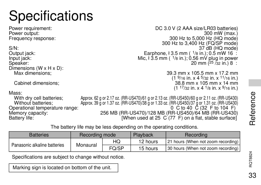 Panasonic RR-US430 manual Specifications 