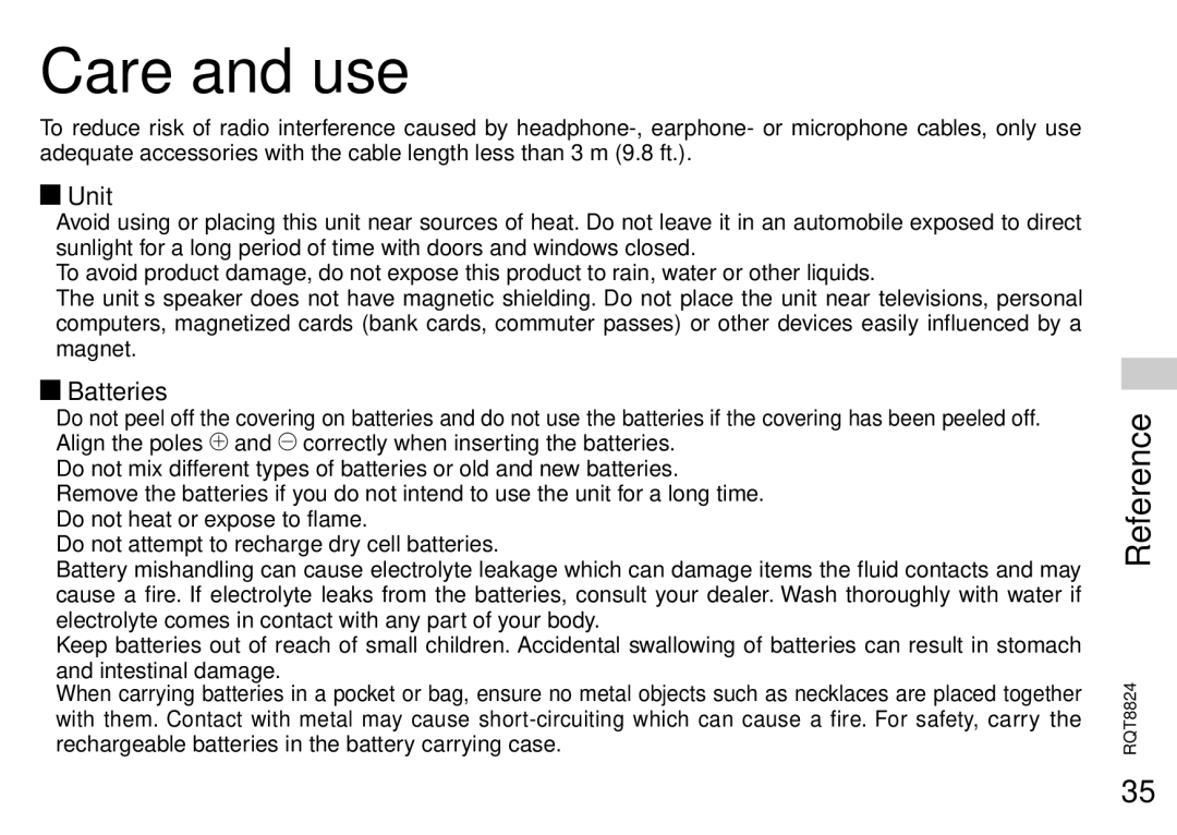 Panasonic RR-US430 manual Care and use, Unit, Batteries 