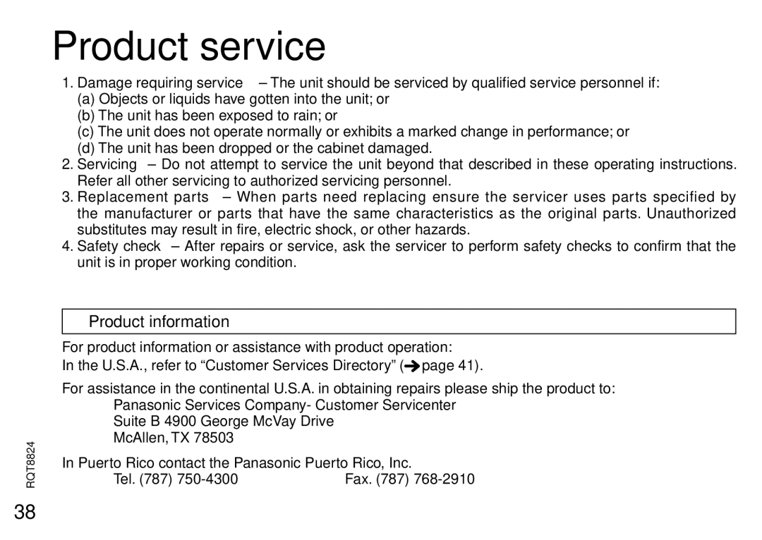 Panasonic RR-US430 manual Product service, Product information, Puerto Rico contact the Panasonic Puerto Rico, Inc Tel 