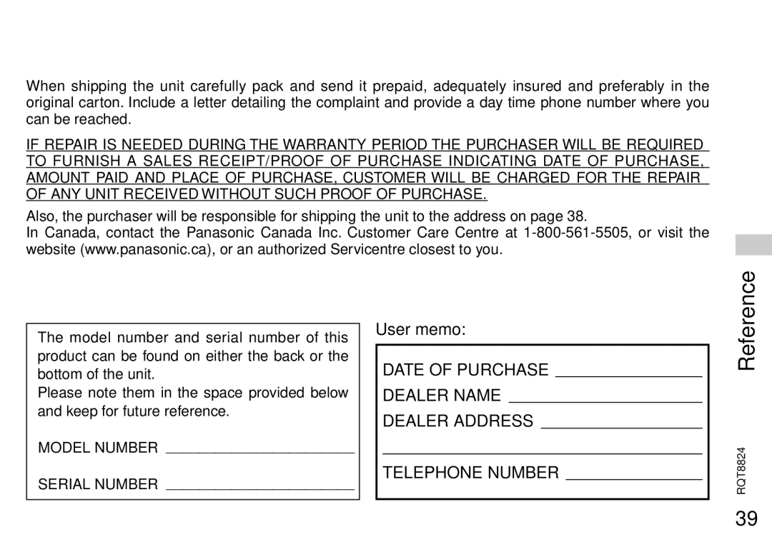 Panasonic RR-US430 manual User memo 