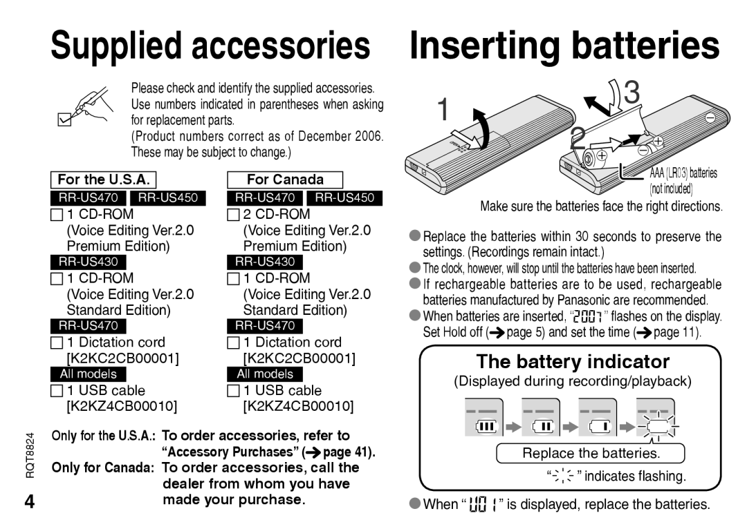 Panasonic RR-US430 manual Inserting batteries, For the U.S.A, For Canada 