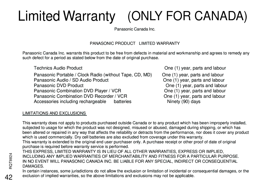 Panasonic RR-US430 manual Limited Warranty only for Canada 