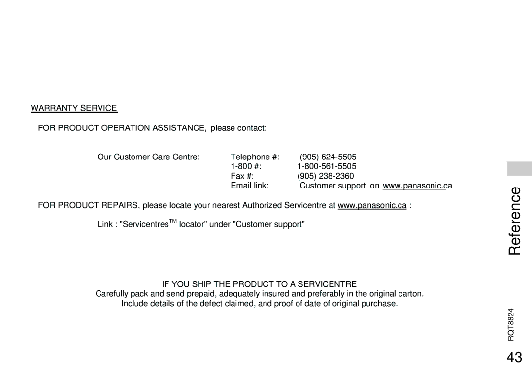 Panasonic RR-US430 manual Warranty Service 