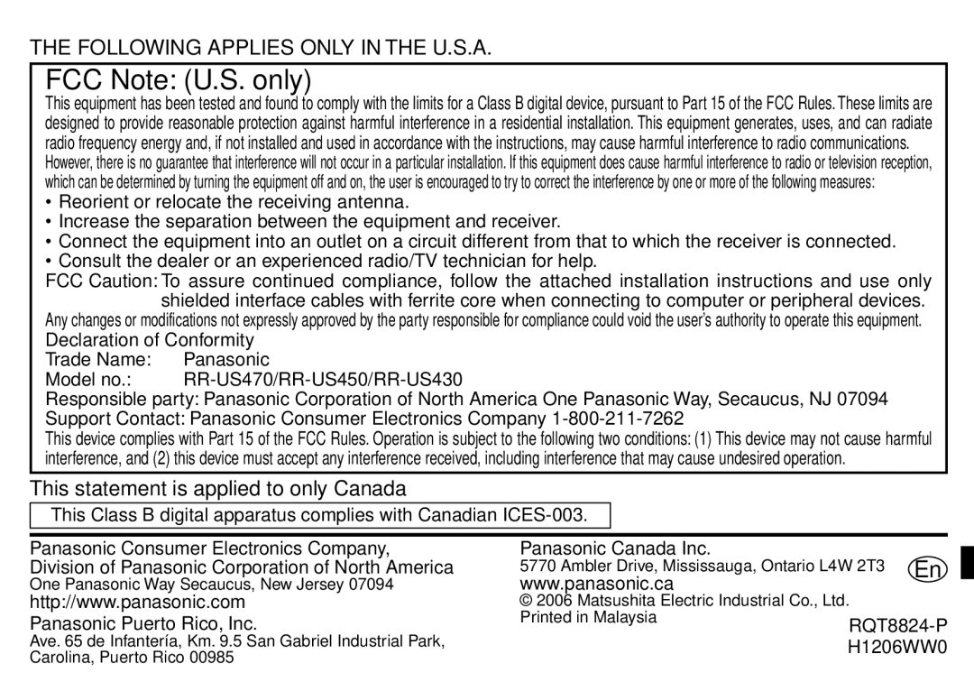 Panasonic RR-US430 This statement is applied to only Canada, Panasonic Puerto Rico, Inc, Panasonic Canada Inc, H1206WW0 