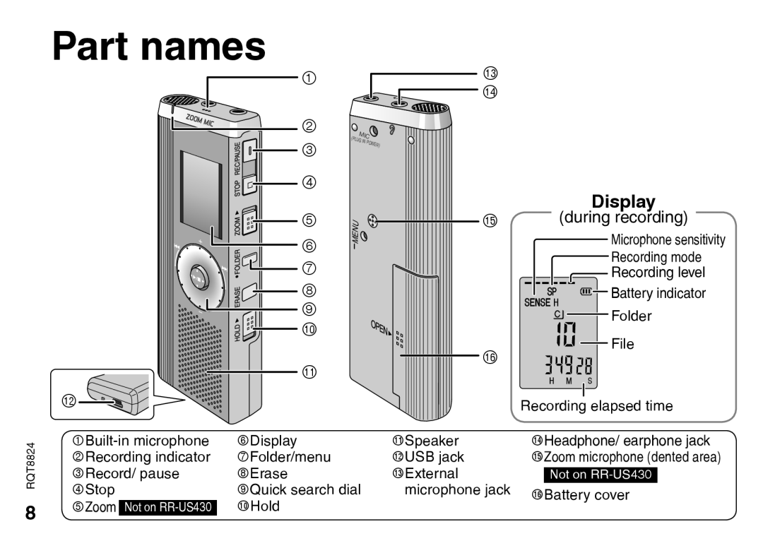 Panasonic RR-US430 manual Part names, Display, During recording 