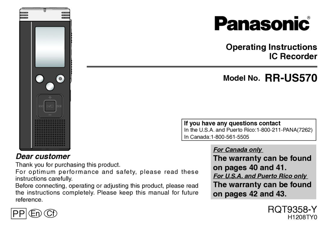 Panasonic operating instructions Operating Instructions IC Recorder, Model No. RR-US570 