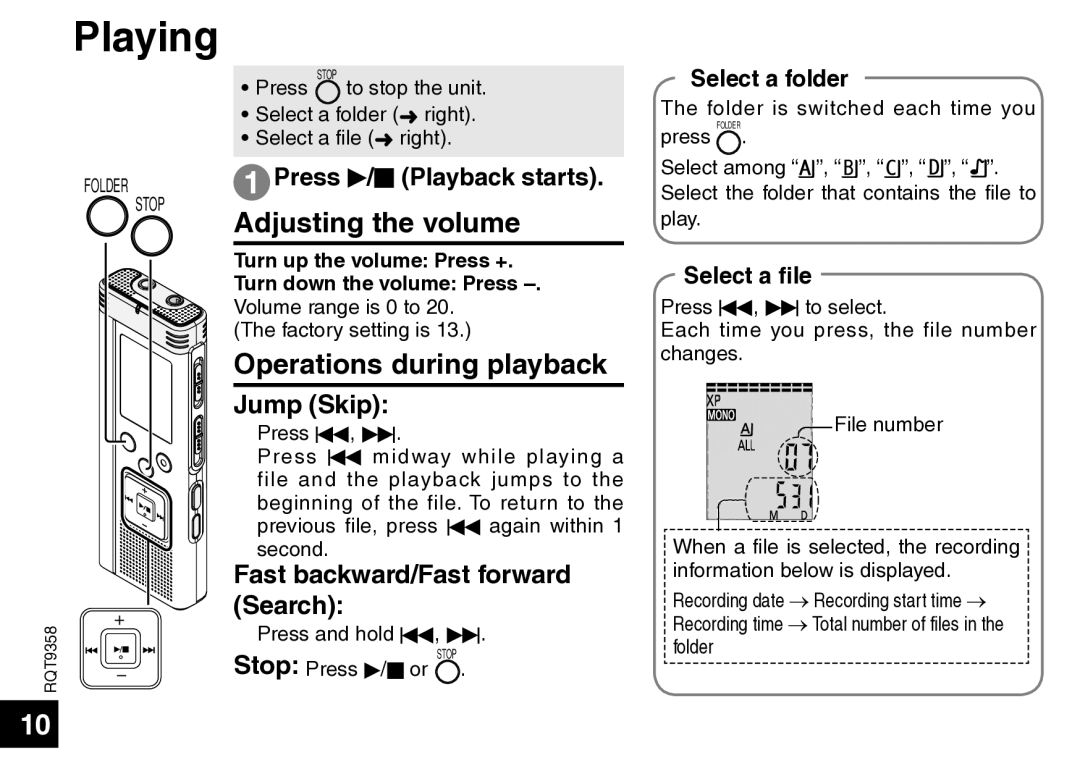 Panasonic RR-US570 operating instructions Playing, Adjusting the volume, Operations during playback 