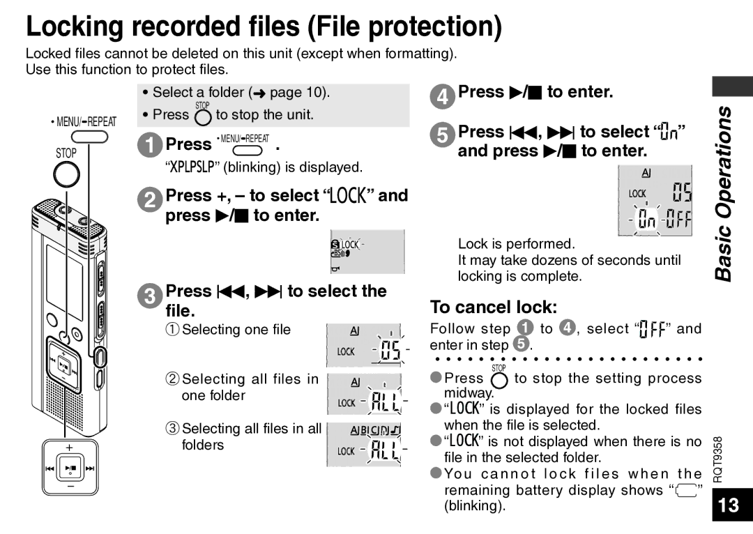 Panasonic RR-US570 Locking recorded files File protection, Press q/g to enter Pressfile. u, i to select, To cancel lock 